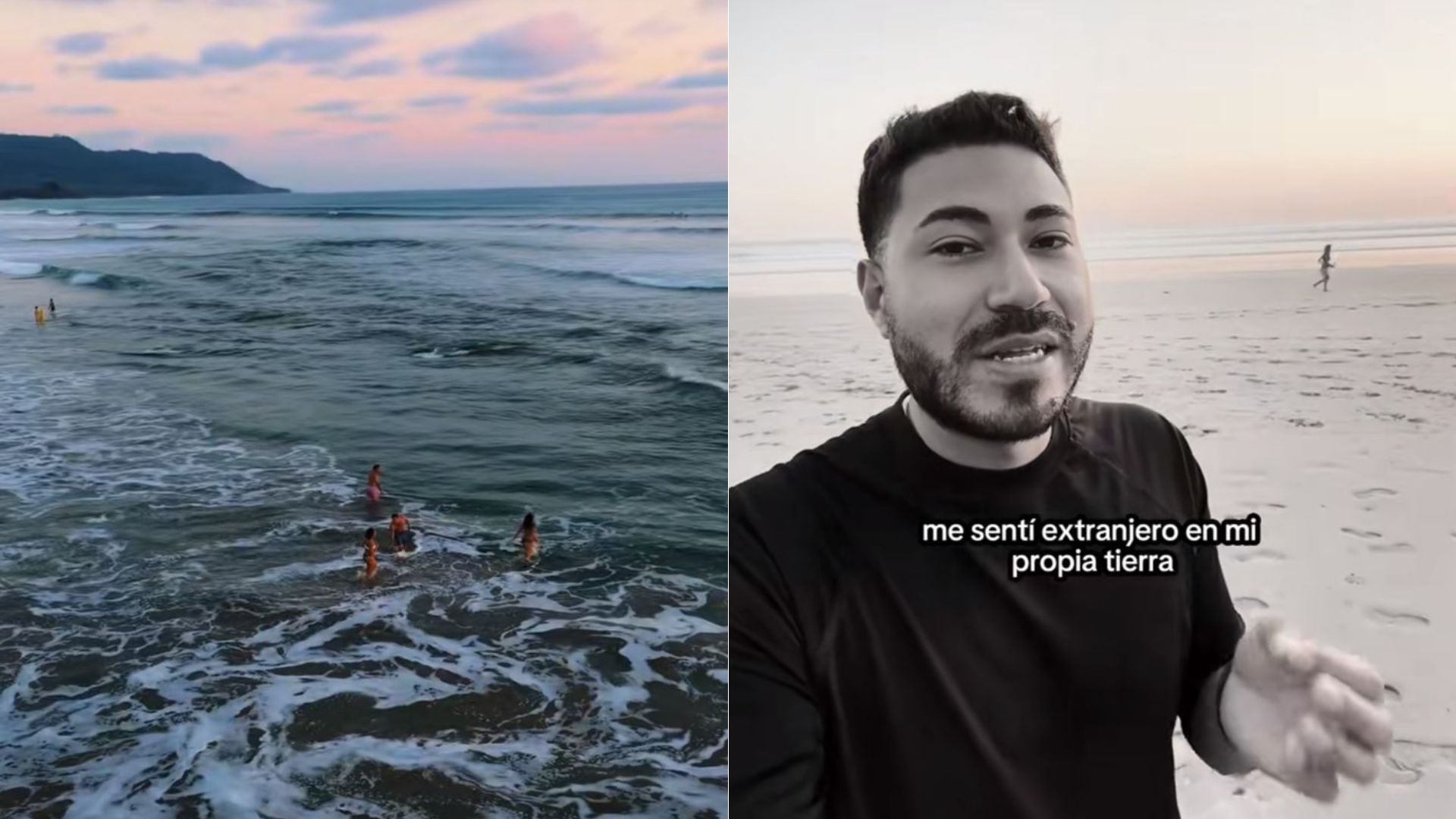 El creador de contenido Danny Loo grabando uno de sus tiktoks, en la playa de Santa Teresa, Guanacaste, durante el atardecer.