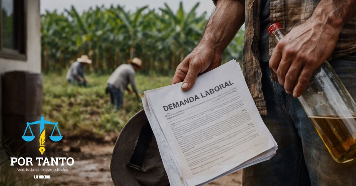 En la imagen, generada por IA con fines ilustrativos, se observa una finca ganadera y las manos de alguien sosteniendo una demanda laboral y una botella de licor