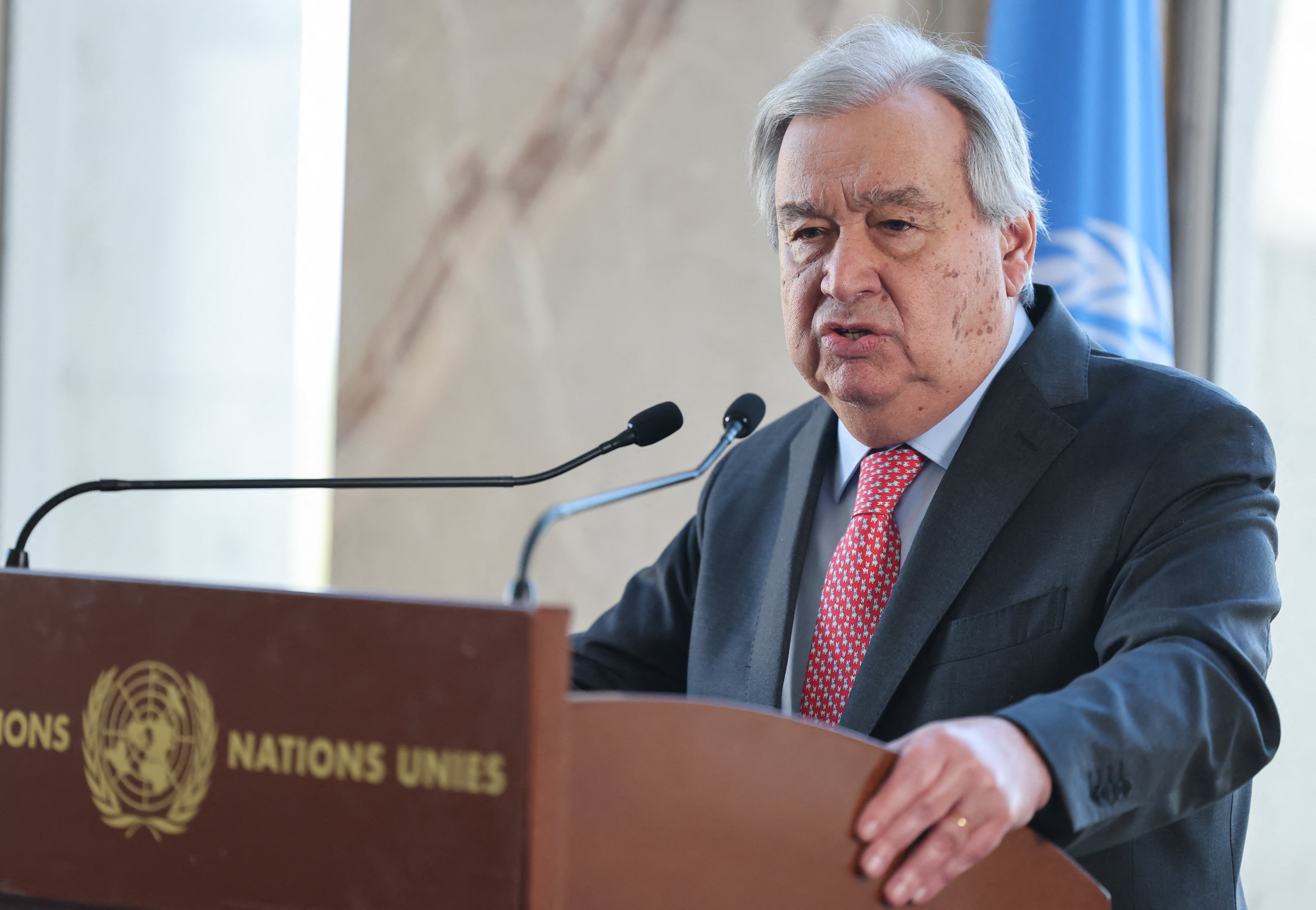 UN Secretary-General Antonio Guterres speaks during a press conference on the day of a meeting to discuss future of stalled peace talks over the divided island of Cyprus at at the United Nations in Geneva on March 18, 2025. UN chief Antonio Guterres meets the rival Cypriot leaders for talks at the United Nations,