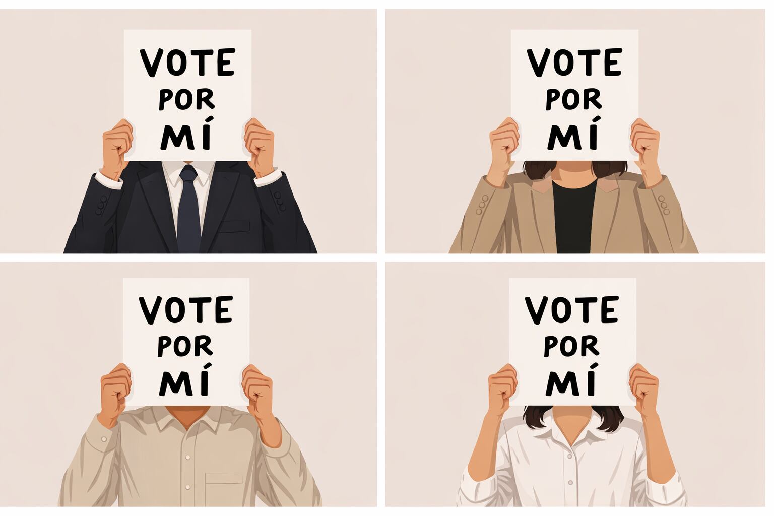 Dos candidatos y dos candidatas buscan apoyo y piden el voto mediante rótulos que les tapa la cara