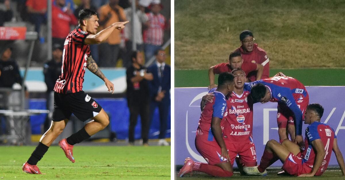 Anthony Hernández de Alajuelense y los jugadores de Xelajú celebran en sus respectivas semifinales; ahora irán por el título de la Copa Centroamericana.