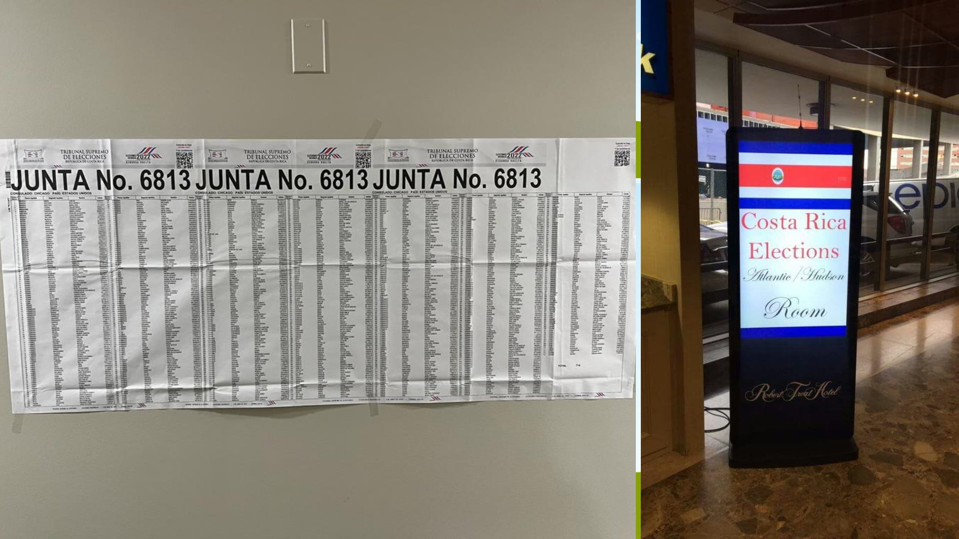 Consulados para ticos que votaron en el exterior, extranjero, en 2022. El padrón del Consulado de Nueva York y la entrada del Consulado de Chicago