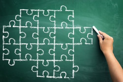 Una mano dibuba con tiza blanca una serie de piezas de un rompecabezas sobre una pizarra verde para ilustrar la relación entre las juntas de educación y el trabajo en el aula.