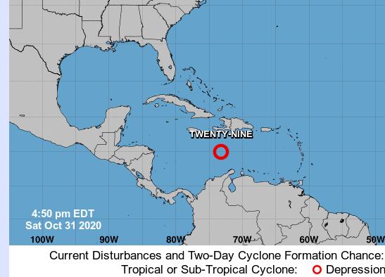Poco después de las 2 p. m. de este 31 de octubre se confirmó la formación del ciclón número 29 de la temporada. Imagen: Centro Nacional de Huracanes.