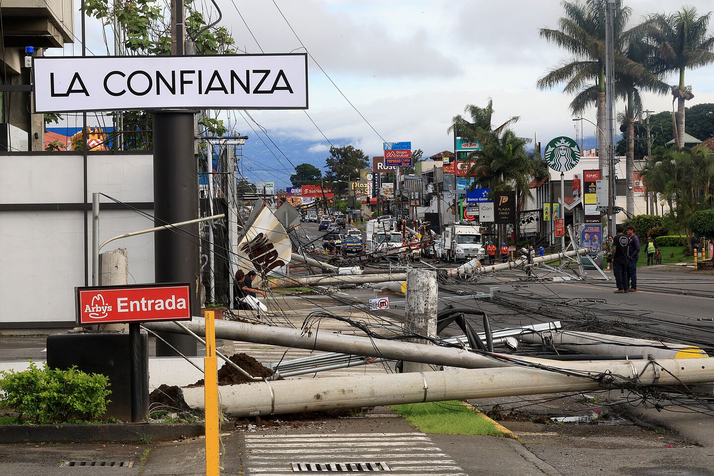 Postes caídos de tendido eléctrico en Curridabat