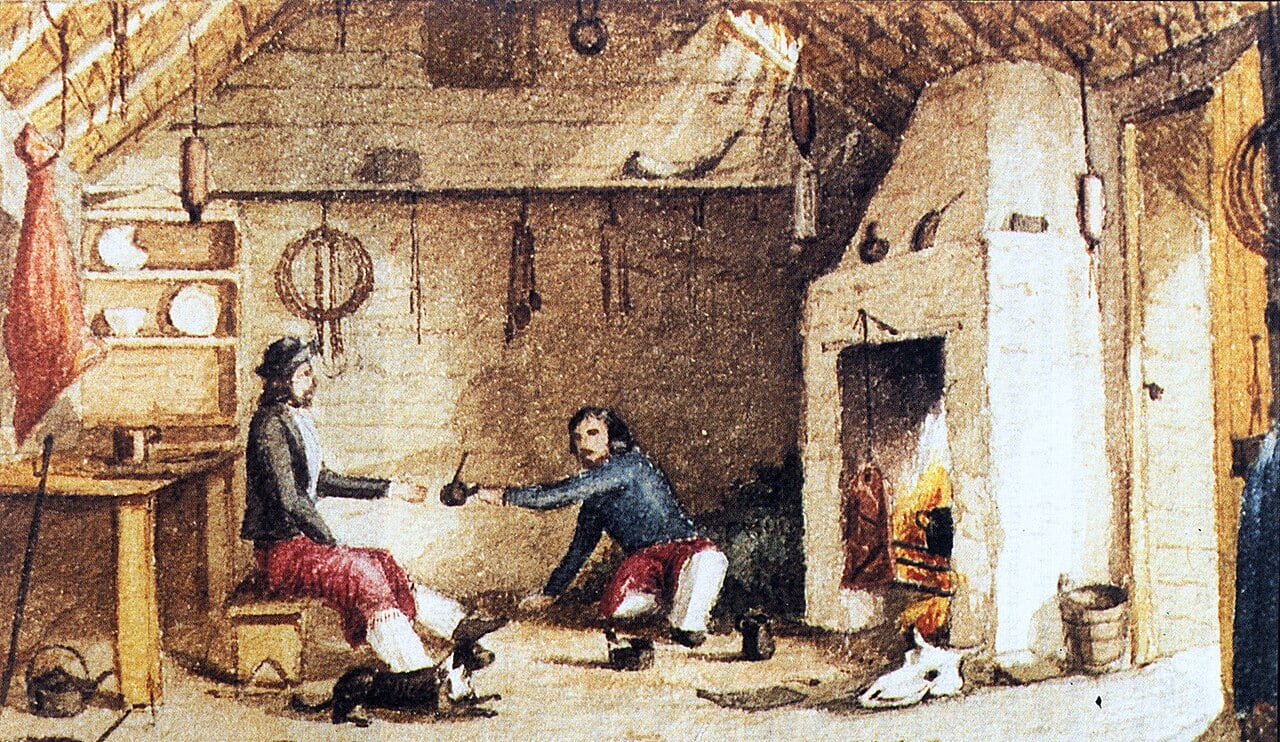 Gauchos de las islas Malvinas (Falklands) tomando mate en Hope Place–Saladero, en la isla Soledad (East Falkland). Acuarela de William Pownell Dale, hijo de John Pownell Dale, administrador de Hope Place en la década de 1850.