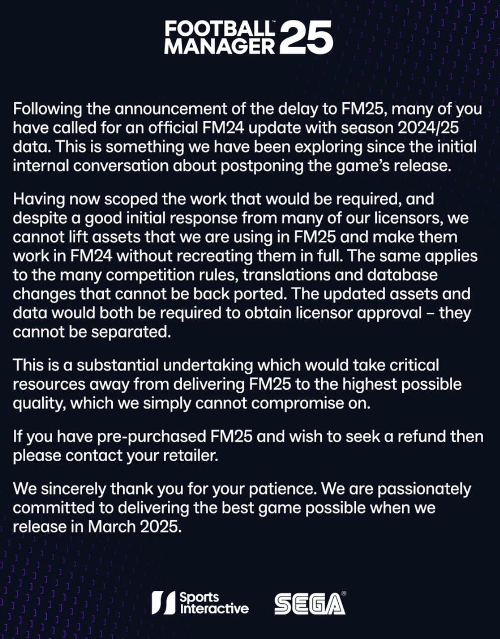 Sports Interactive publicó este mensaje en sus redes sociales para explicar por qué no se va a continuar actualizando Football Manager 24.