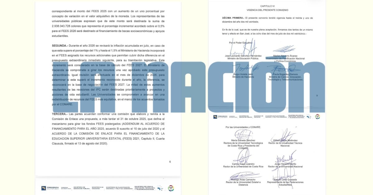 Acuerdo de Conare, firmado por el Ejecutivo y los rectores de las universidades públicas, en el que se habla de una revisión de la inflación en julio 2026.