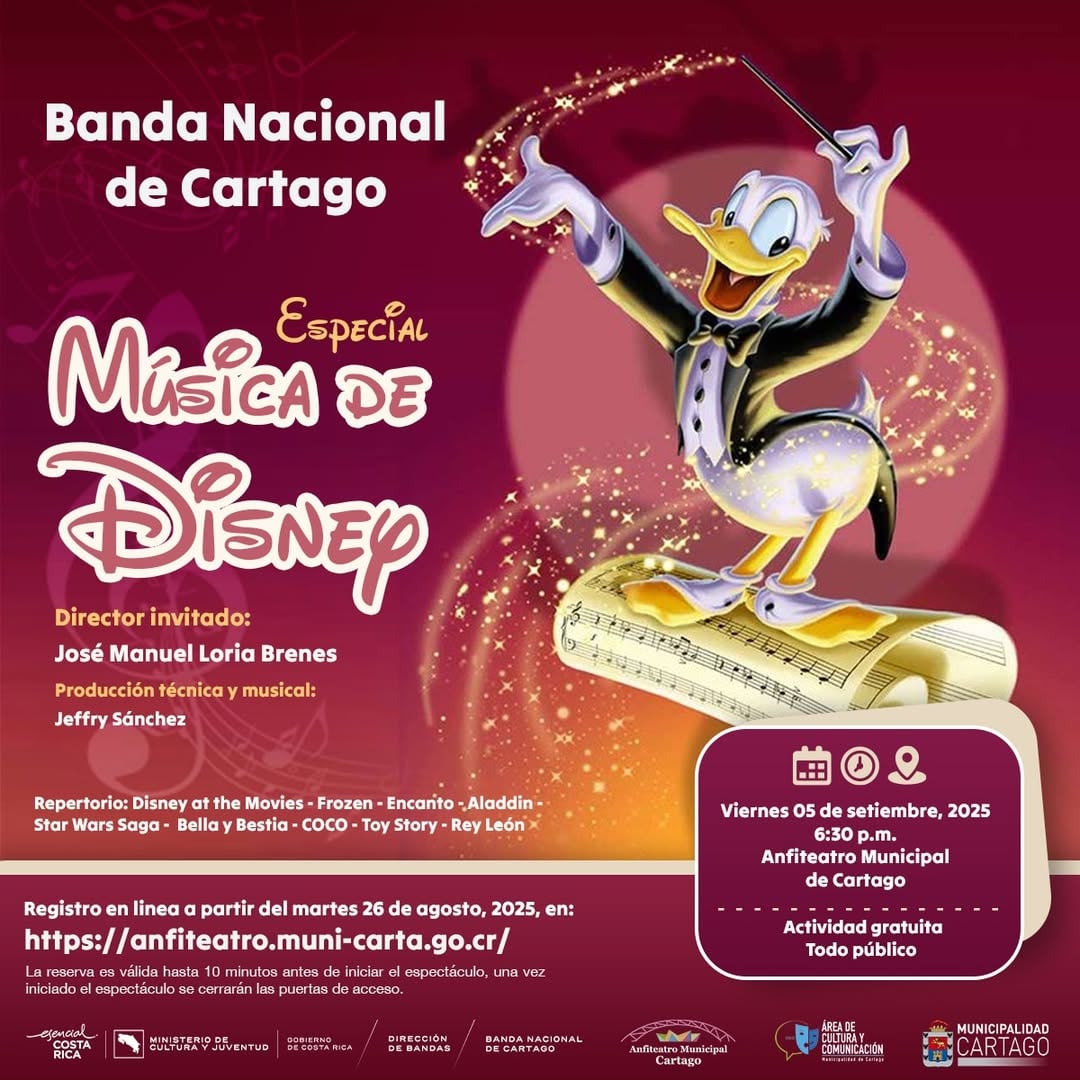 El concierto de la Banda Municipal de Cartago incluirá un repertorio de clásicos de Disney como 'Encanto', 'Frozen' y 'El Rey León'.
