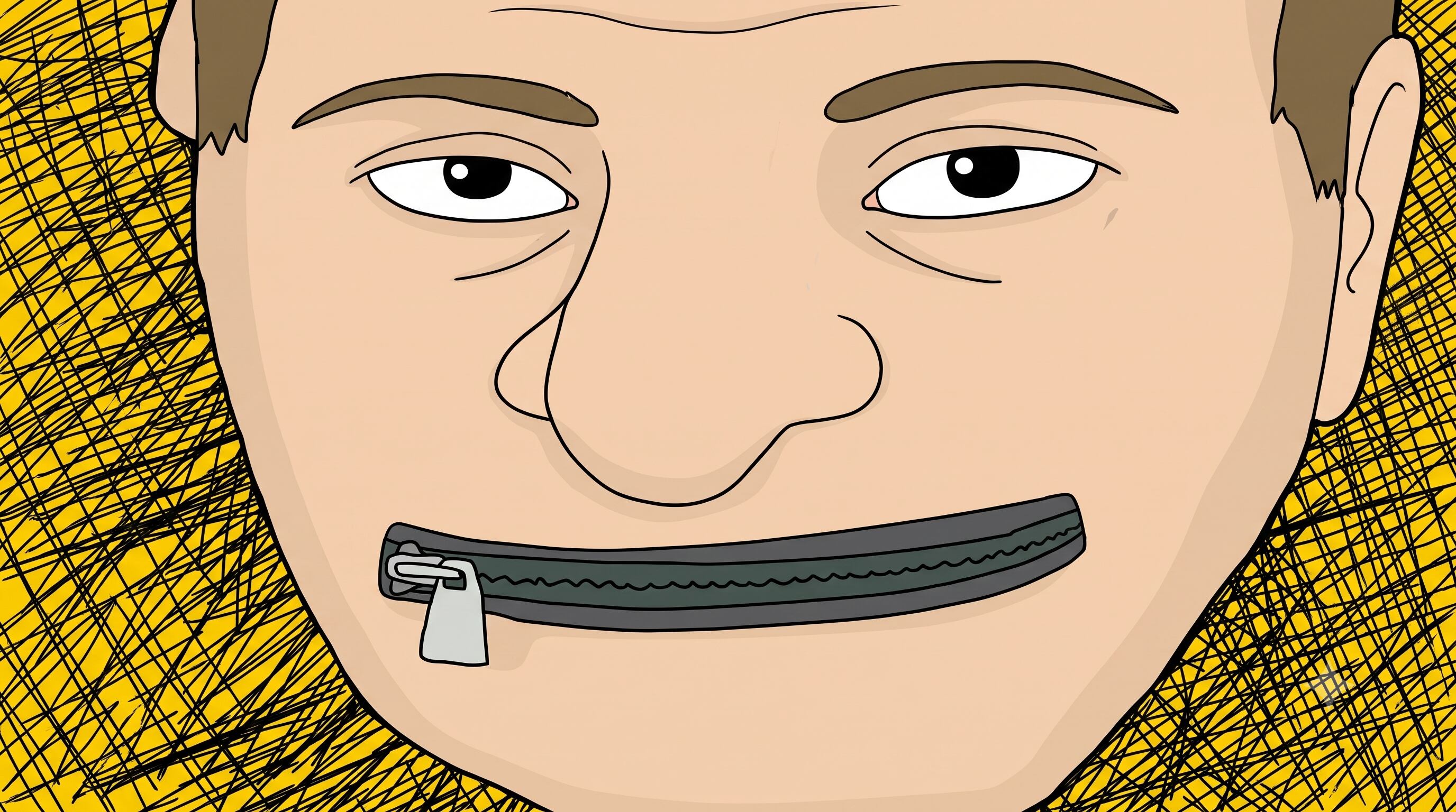 Hombre con la boca cerrada con un zíper, silencio, hombre callando, guardando el secreto, silencio cómplice, silencio y complicidad