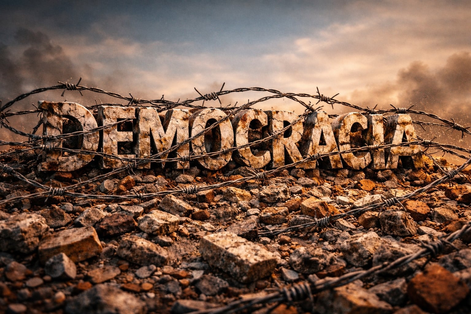 La palabra democracia cautiva, apresada, entre alambres de púas, y sobre una cama de escombros y destrucción