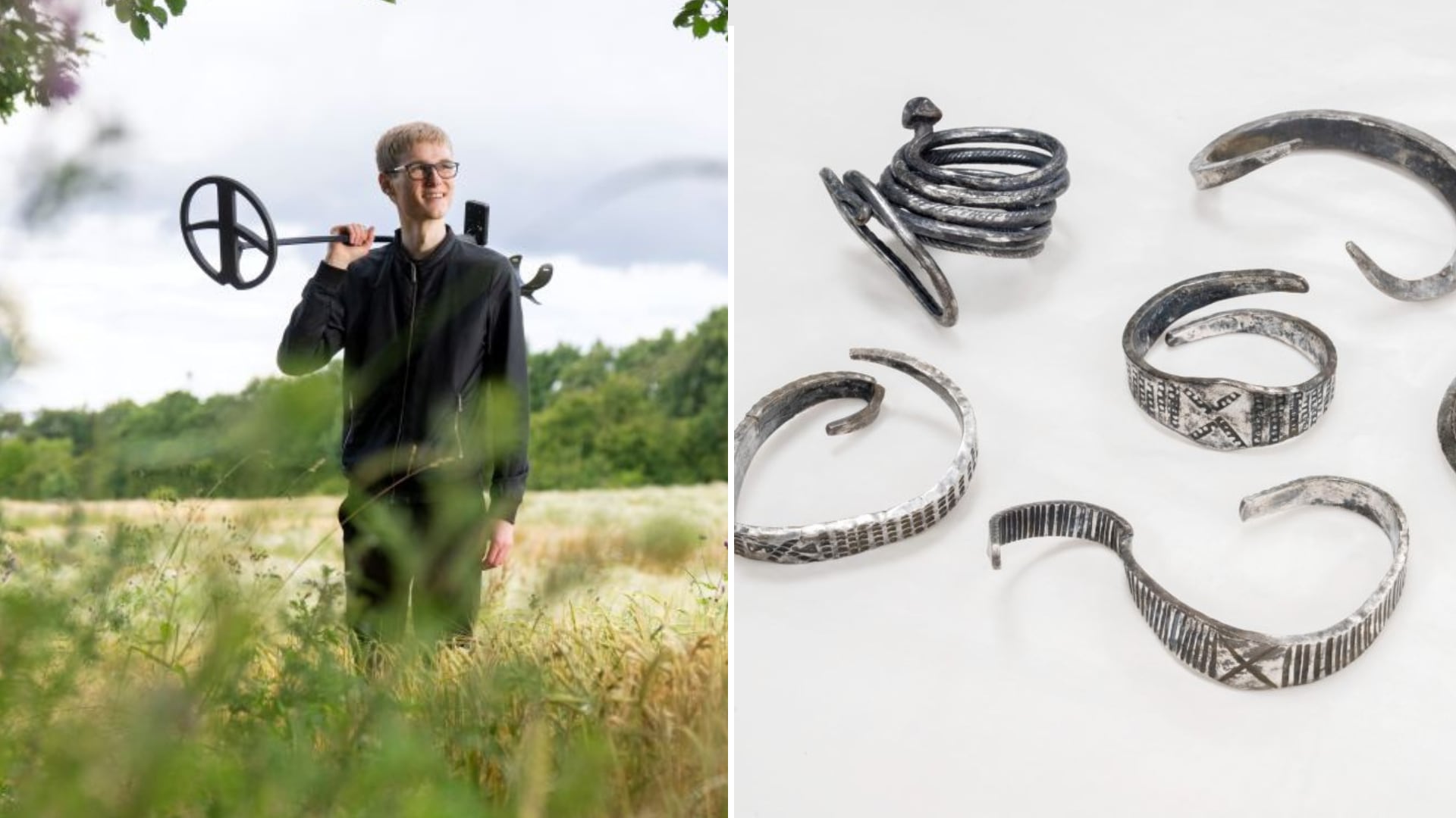 Gustav Bruunsgaard, un joven arqueólogo encuentra siete brazaletes vikingos en Dinamarca, destacando su relevancia histórica.