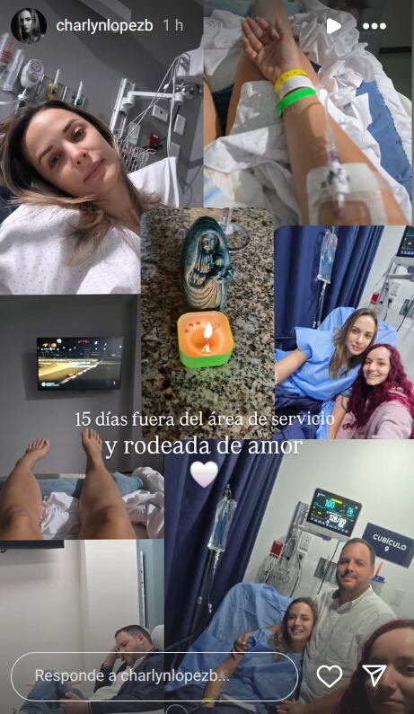 Charlyn López compartió fotos donde aparece con bata médica y una vía en el brazo.