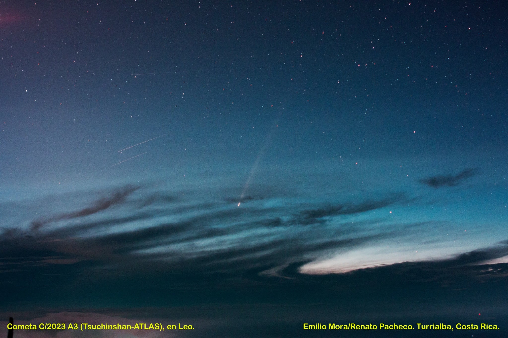 El Cometa C/2023 A3 (Tsunchinshan-ATLAS) fotografiado desde Turrialba el pasado 29 de setiembre a a las 4:32 am. por Emilio Mora y Renato Pacheco. Fotografía: Emilio Mora y Renato Pacheco, cortesía Fundación Cientec.