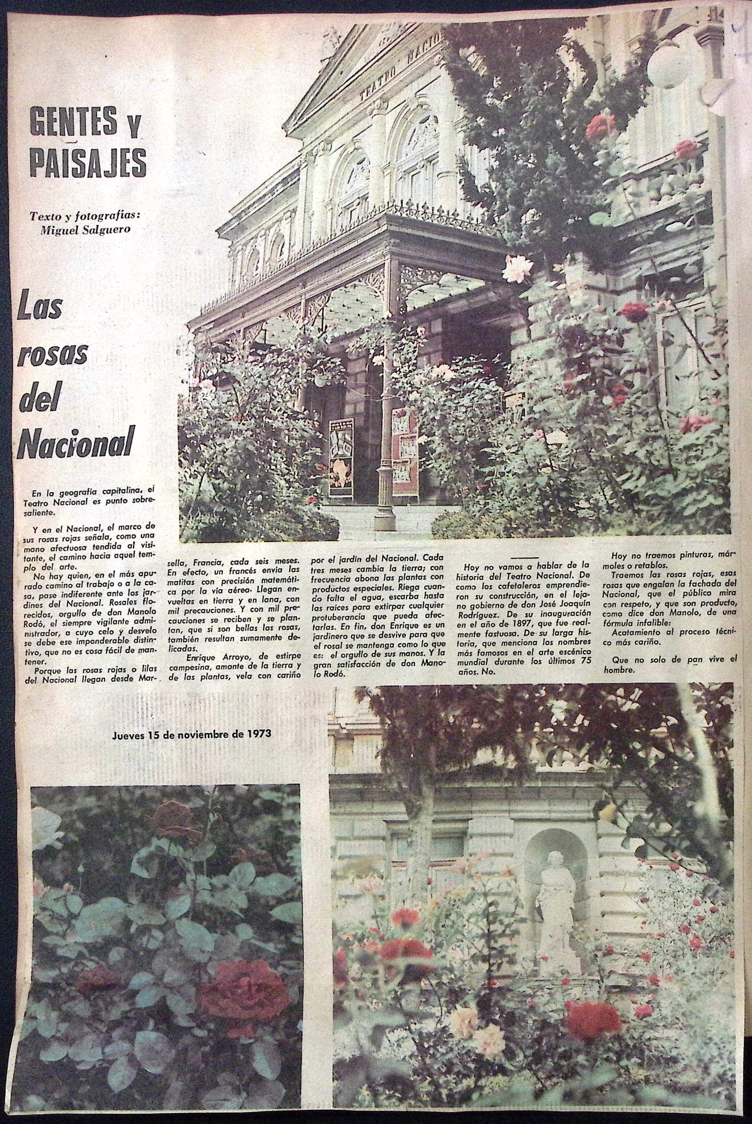 Artículo de 1973 de don Miguel Salguero, dedicado a las rosas del Teatro Nacional. Cortesía del Teatro Nacional.