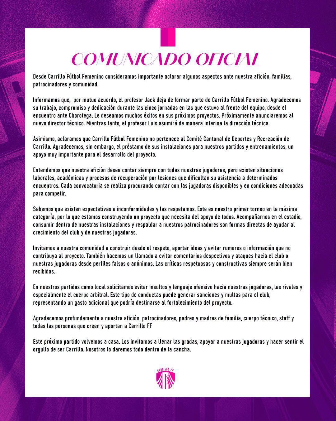Este es el comunicado que difundió Carrillo en sus redes sociales.