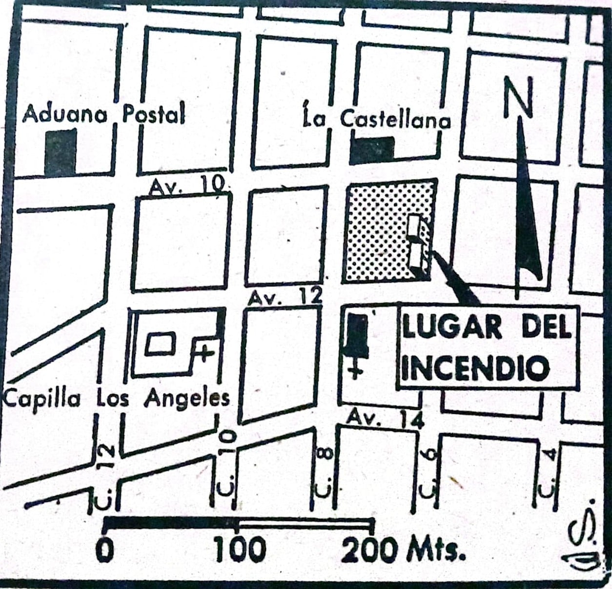 El incendio se ubicó 100 metros al este y 50 al sur del almacén La Castellana, por la avenida San Martín.