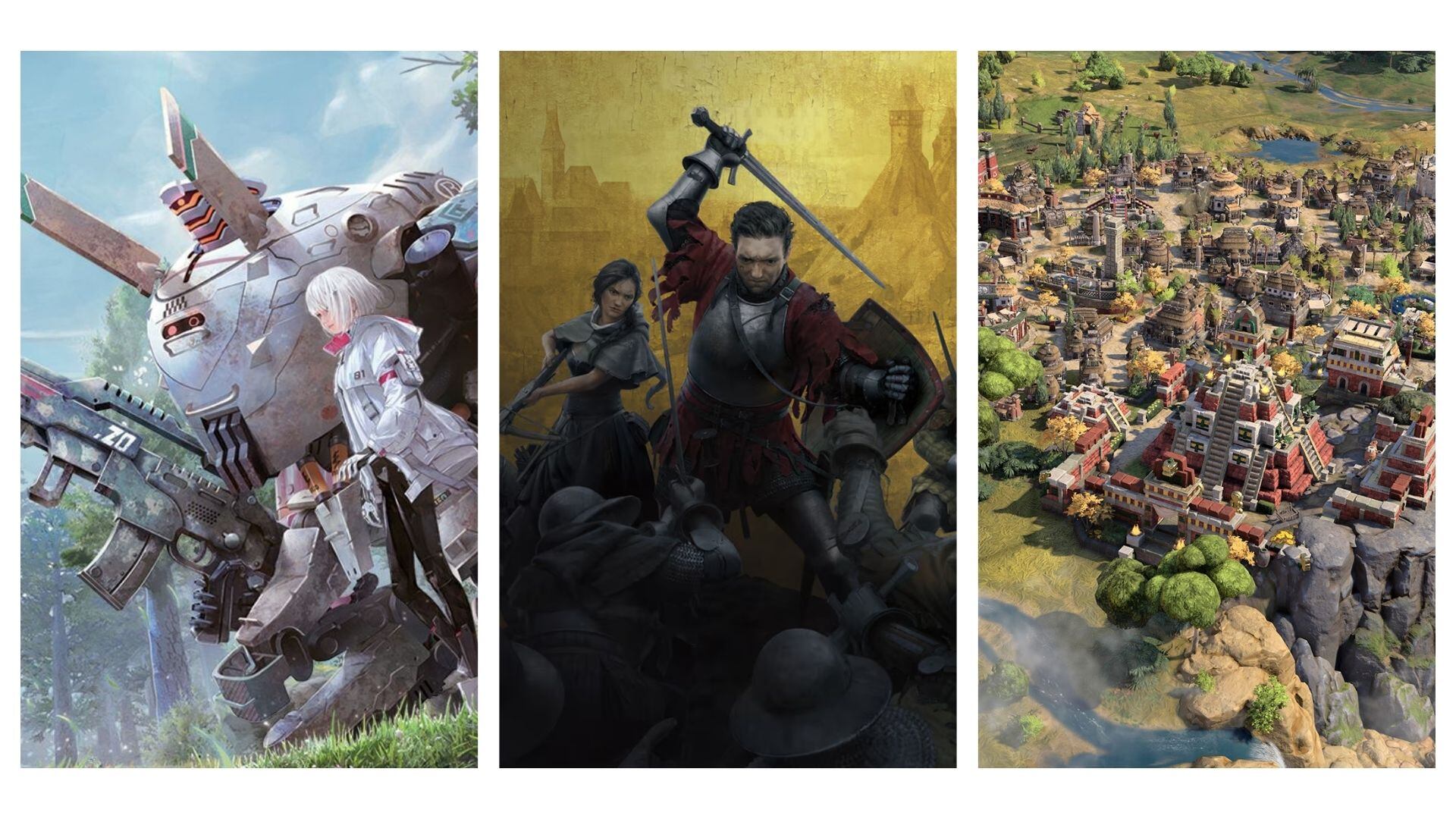 Portadas de 'Synduality: Echo of Ada', 'Kingdom Come: Deliverance II' y 'Sid Meier's Civilization VII'.