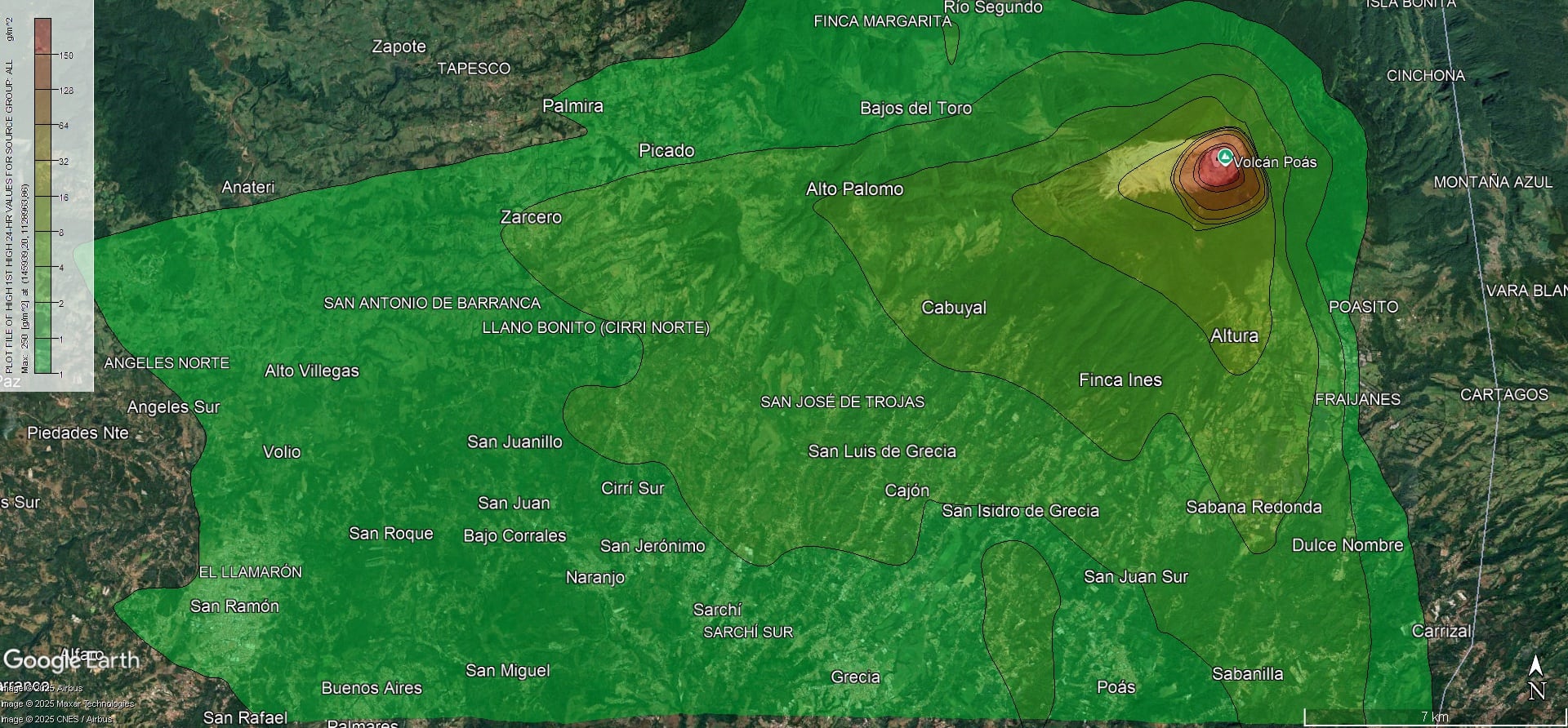 Mapa de afectación lluvia ácida por erupciones del Volcán Poás. Verde: baja. Amarillo: media. Rojo: alta. La mayor incidencia ocurre en el Parque Nacional.