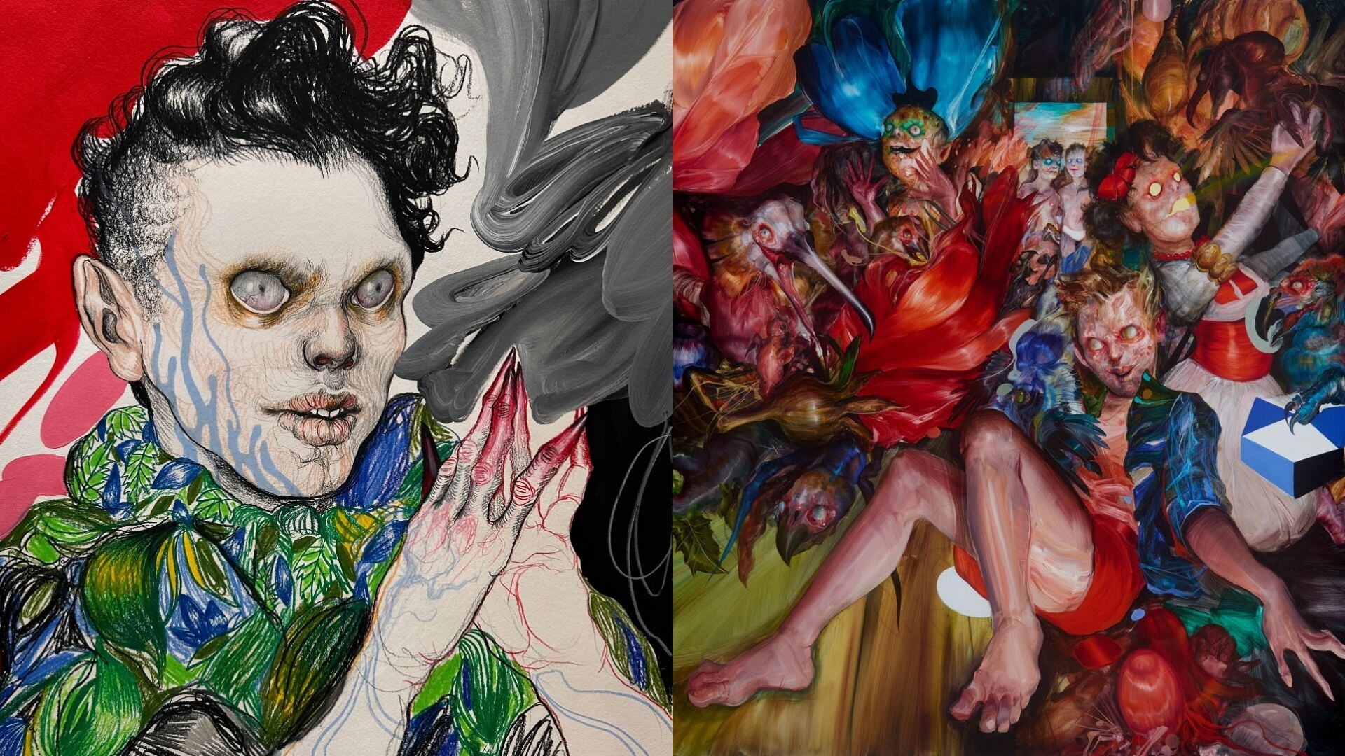Jose Luis Carranza / Sin Título / Mixta en papel / 65 x 50 cm // Jose Luis Carranza / Volaverunt, 2022 / Óleo sobre lienzo / 180 x 180 cm