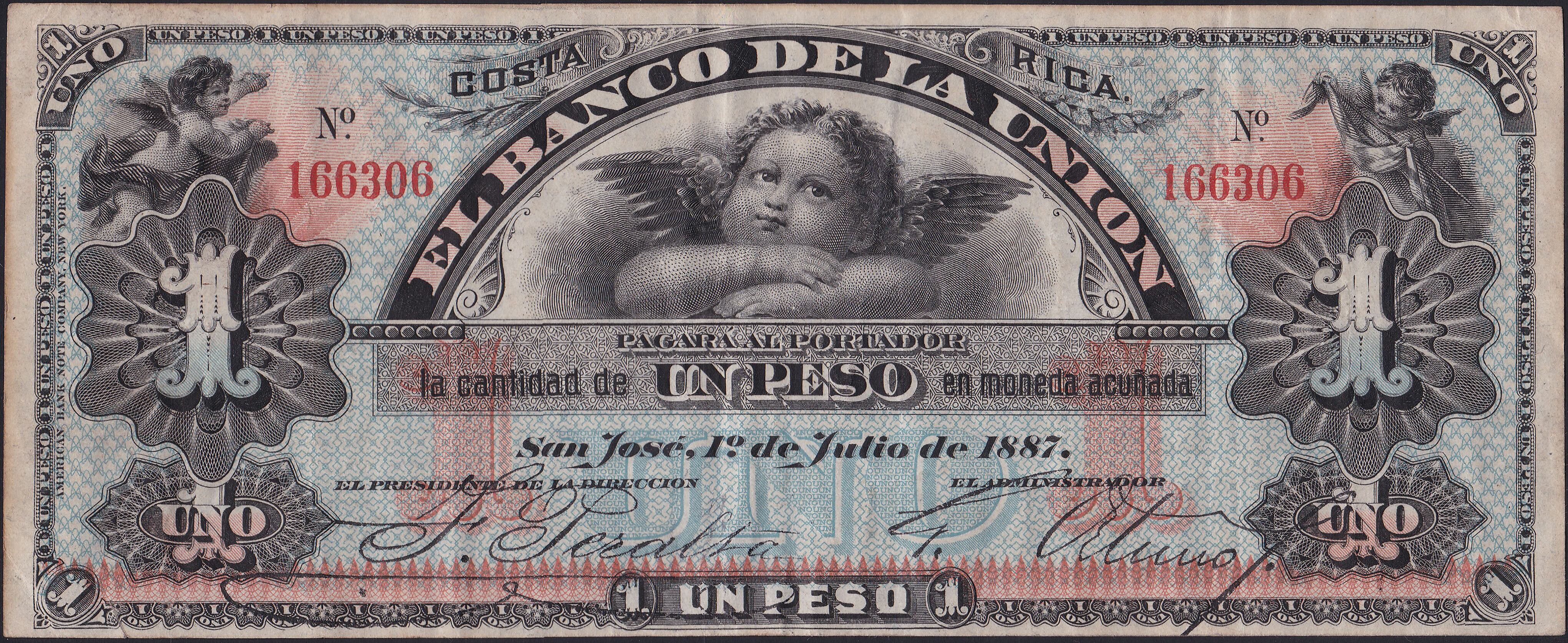 Billete de 1 peso del Banco de la Unión, 1887. Colección del Banco Central de Costa Rica.