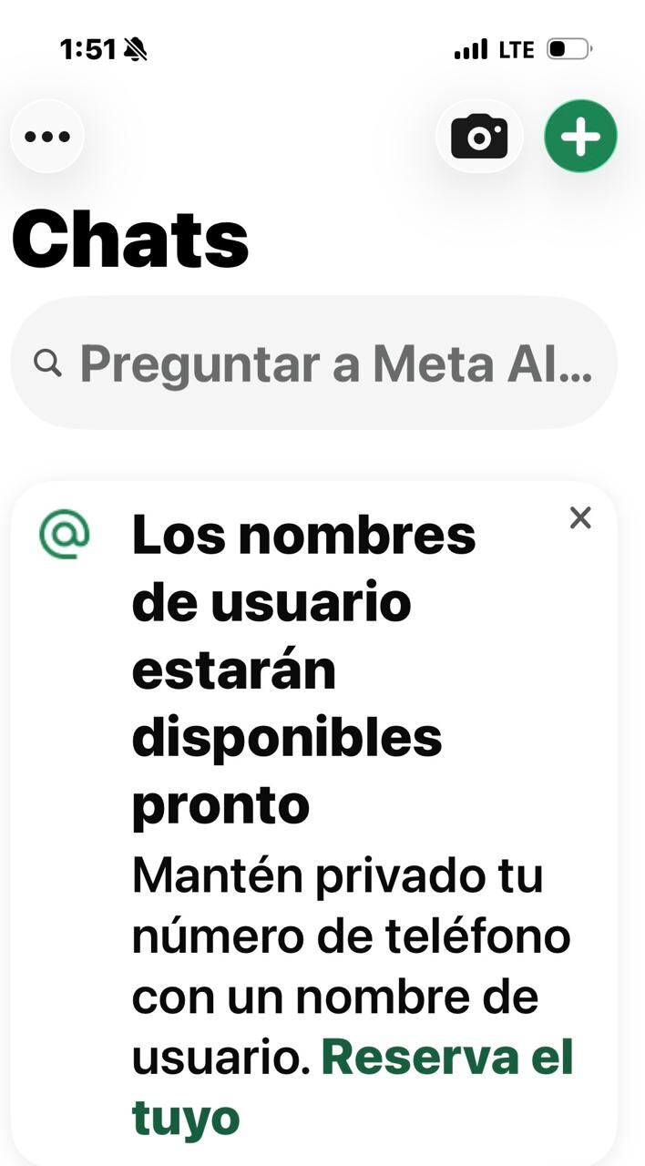 WhatsApp abrió este lunes el proceso para reservar un nombre de usuario, una función opcional que permitirá ocultar el número de teléfono cuando una persona contacte por primera vez con otros usuarios o con negocios. Los usuarios recibieron este mensaje.