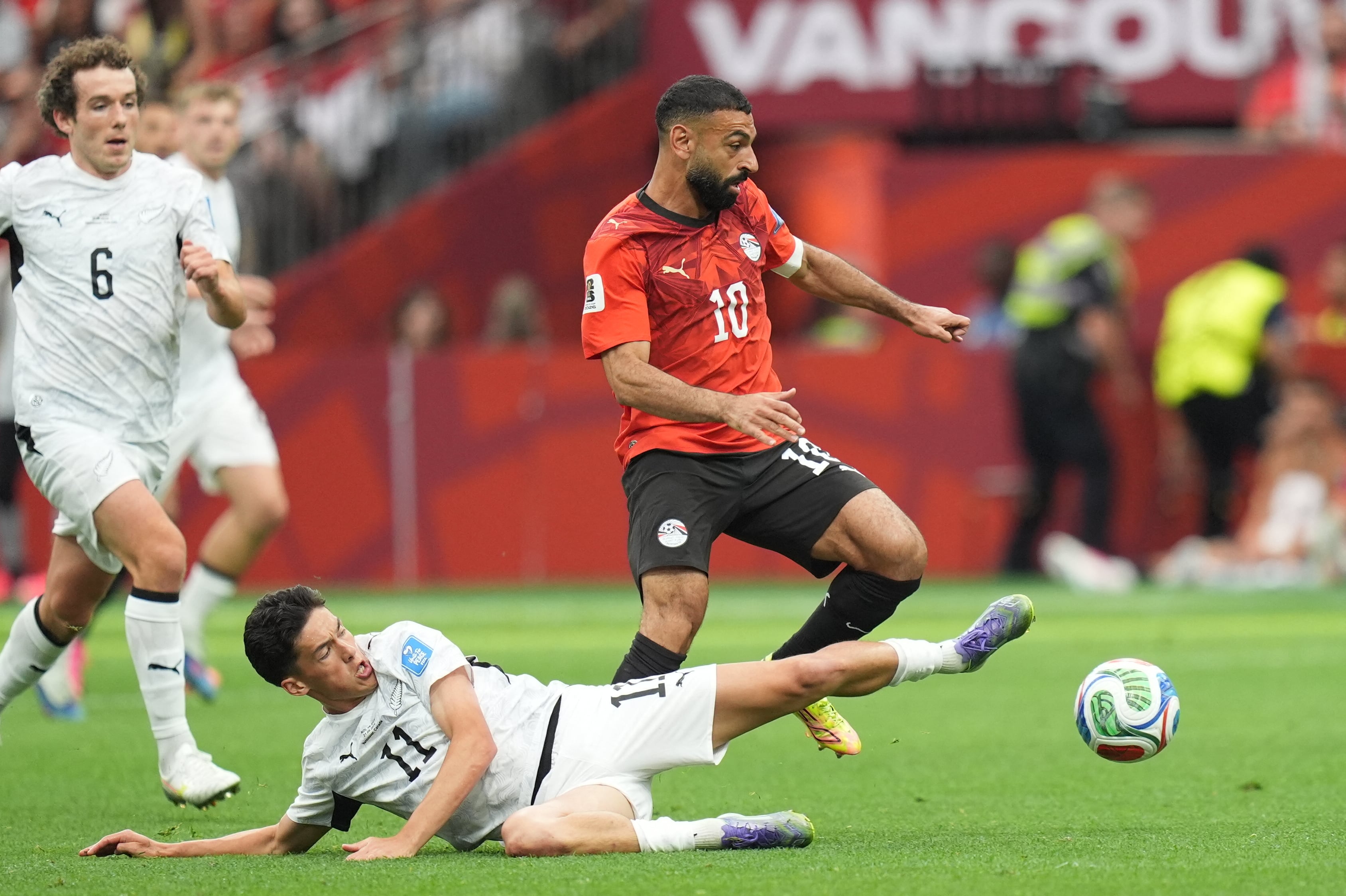 VANCOUVER, CANADA - JUNE 21: Mohamed Salah (10) of Egypt in action against Eli Just (11) of New Zealand during the 2026 FIFA World Cup Group G match between New Zealand and Egypt at BC Place Stadium in Vancouver, Canada, on June 21, 2026. Ercin Erturk / Anadolu (Photo by Ercin Erturk / Anadolu via AFP)