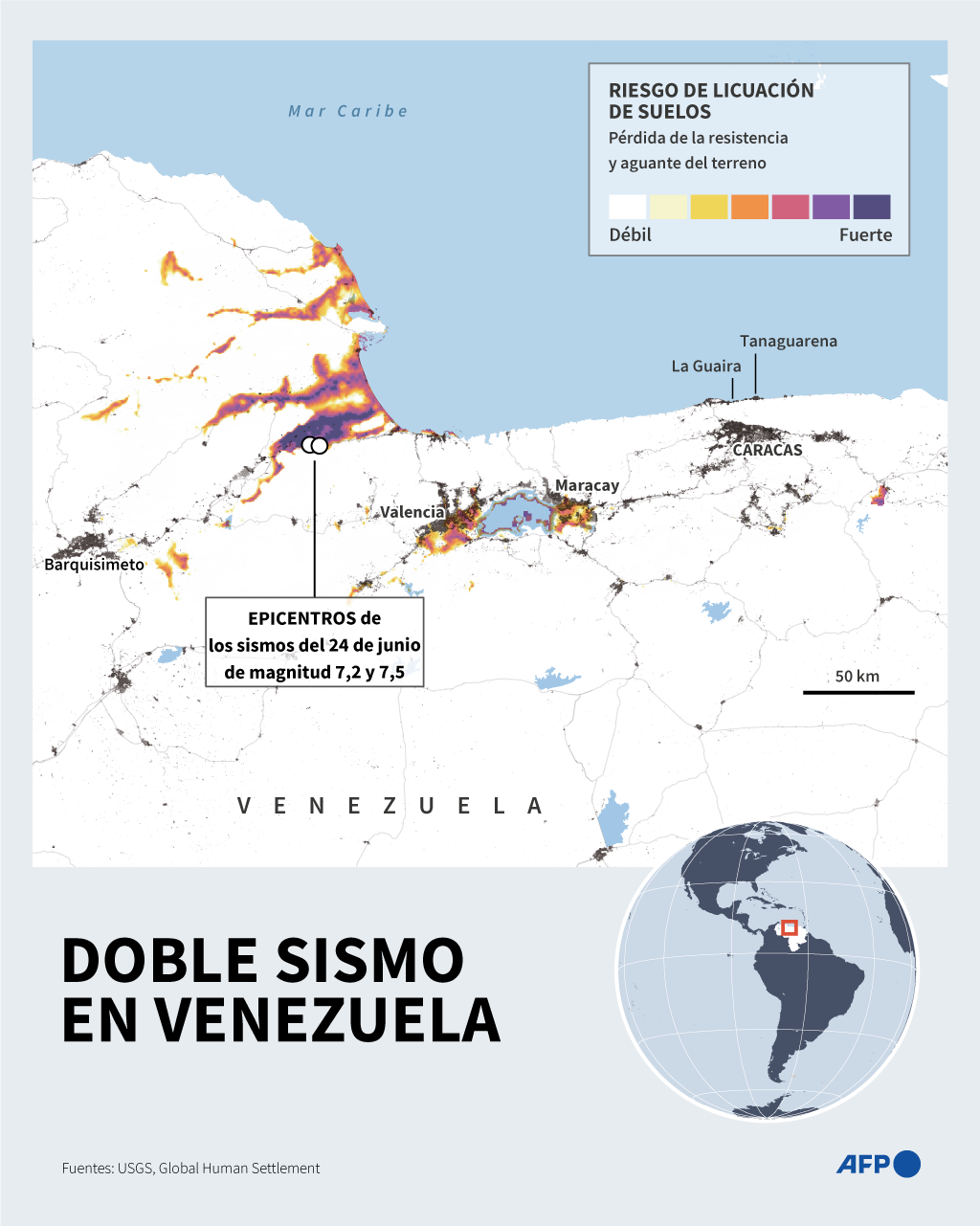 Infográfico de AFP que muestra riesgo de licuefacción de suelos y daños extensivos al terreno tras los dos terremotos que devastaron Venezuela.