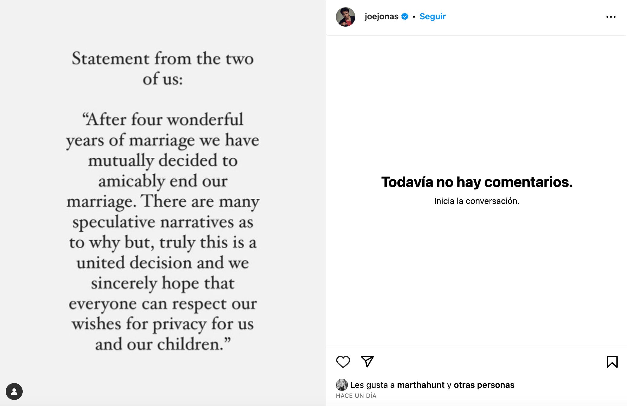 Comunicado de separación Joe Jonas