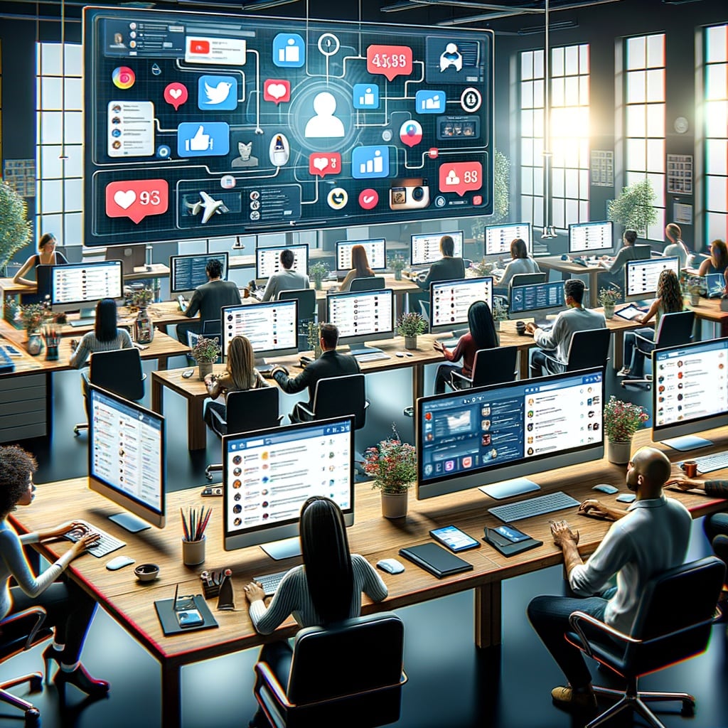 Uso de redes sociales en el trabajo, ambiente de oficina, empleados en sus lugares de trabajo frente a computadoras