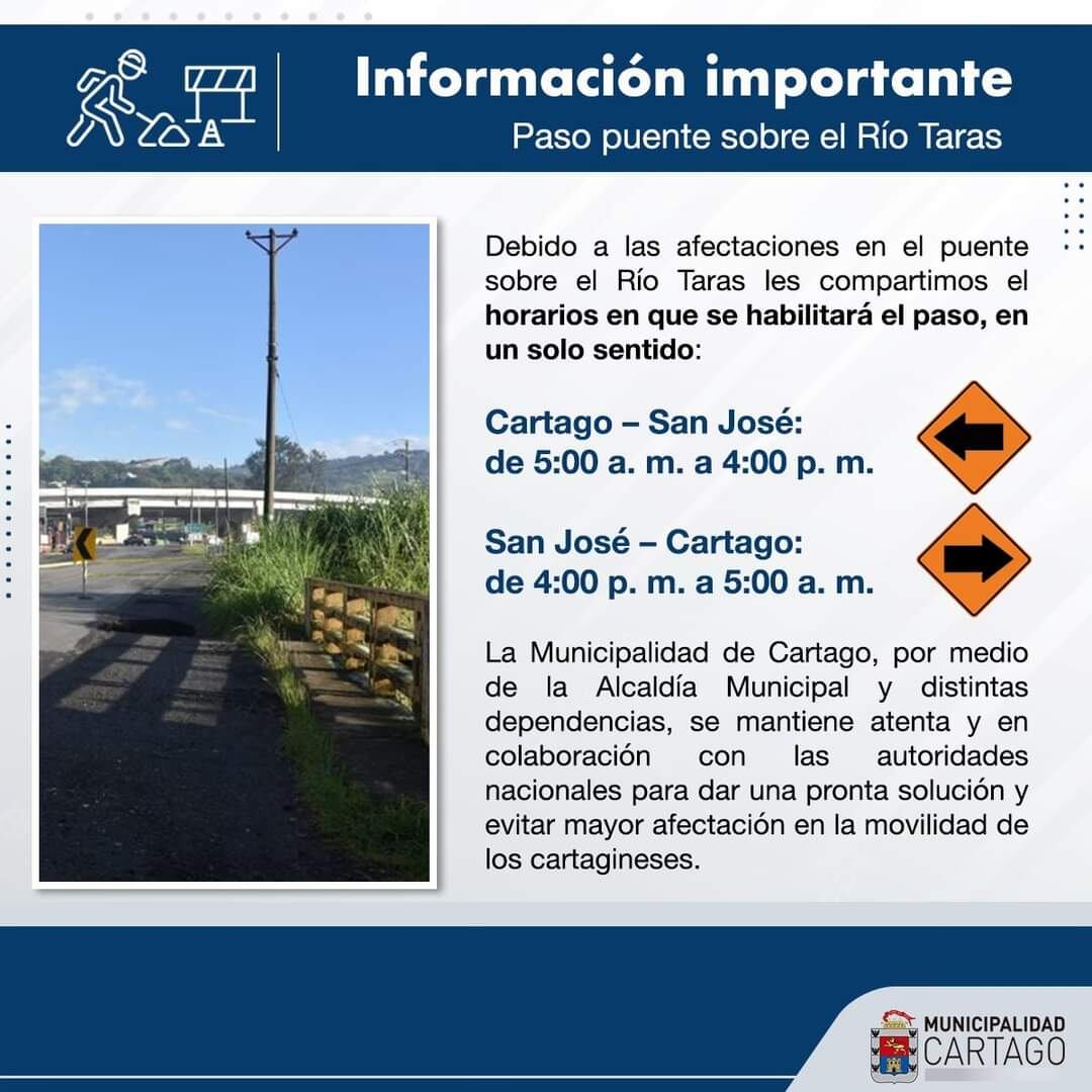 La reversibilidad operará en sentido Cartago-San José desde las 5 a. m. hasta las 4 p. m., y en sentido San José-Cartago desde las 4 p. m. y hasta las 5 a. m. (Foto: Municipalidad Cartago)