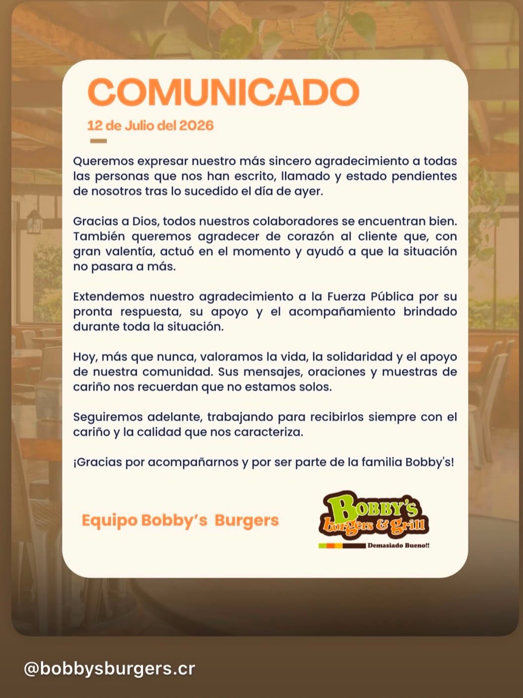 El restaurante Bobby's Burgers agradeció mediante una historia en su cuenta de Instagram, al cliente que enfrentó a los delincuentes que asaltan el local.