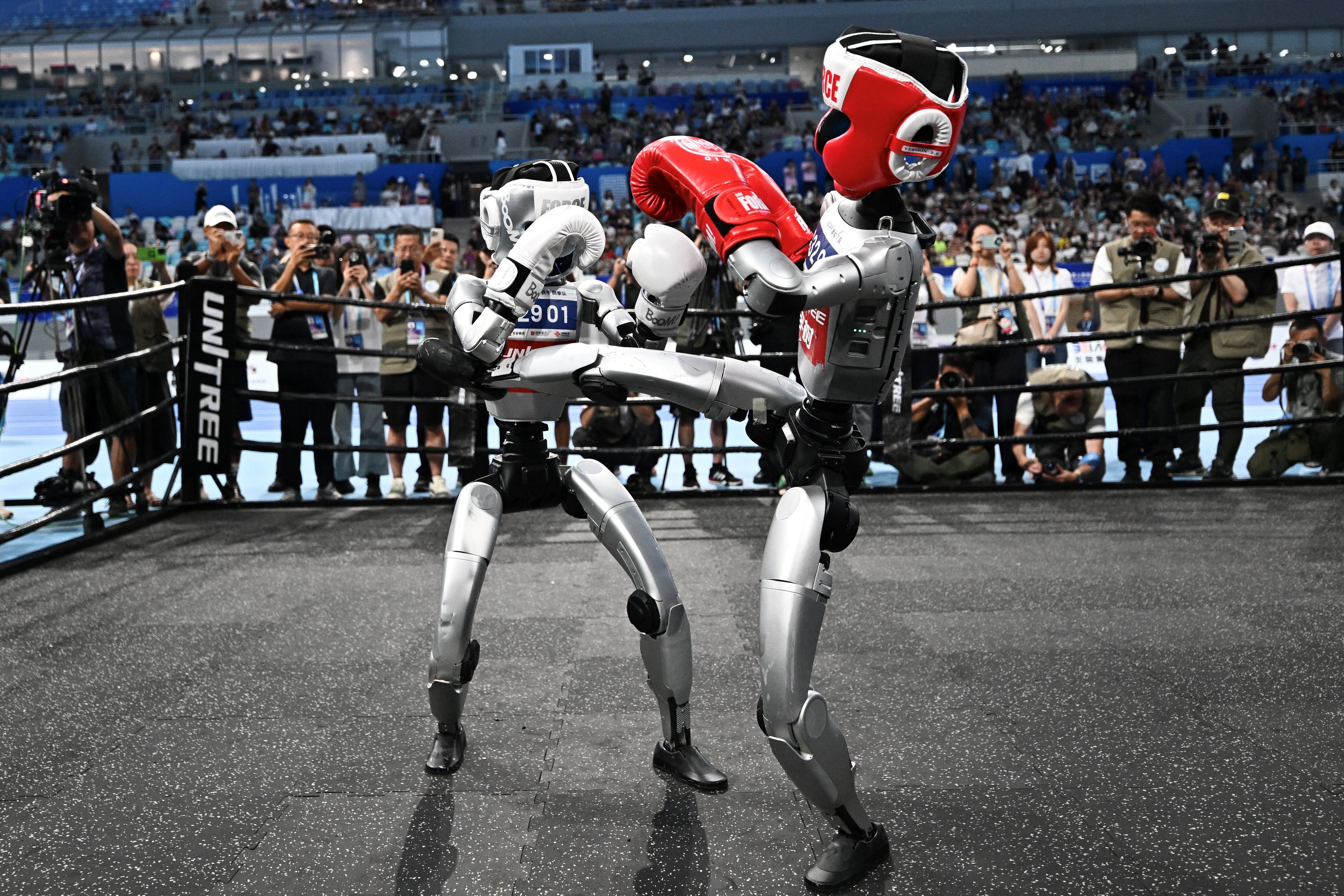 Robots compiten en un evento de boxeo durante los Juegos Mundiales de Robots Humanoides en Pekín, el 17 de agosto de 2025. (Foto de Pedro PARDO / AFP)