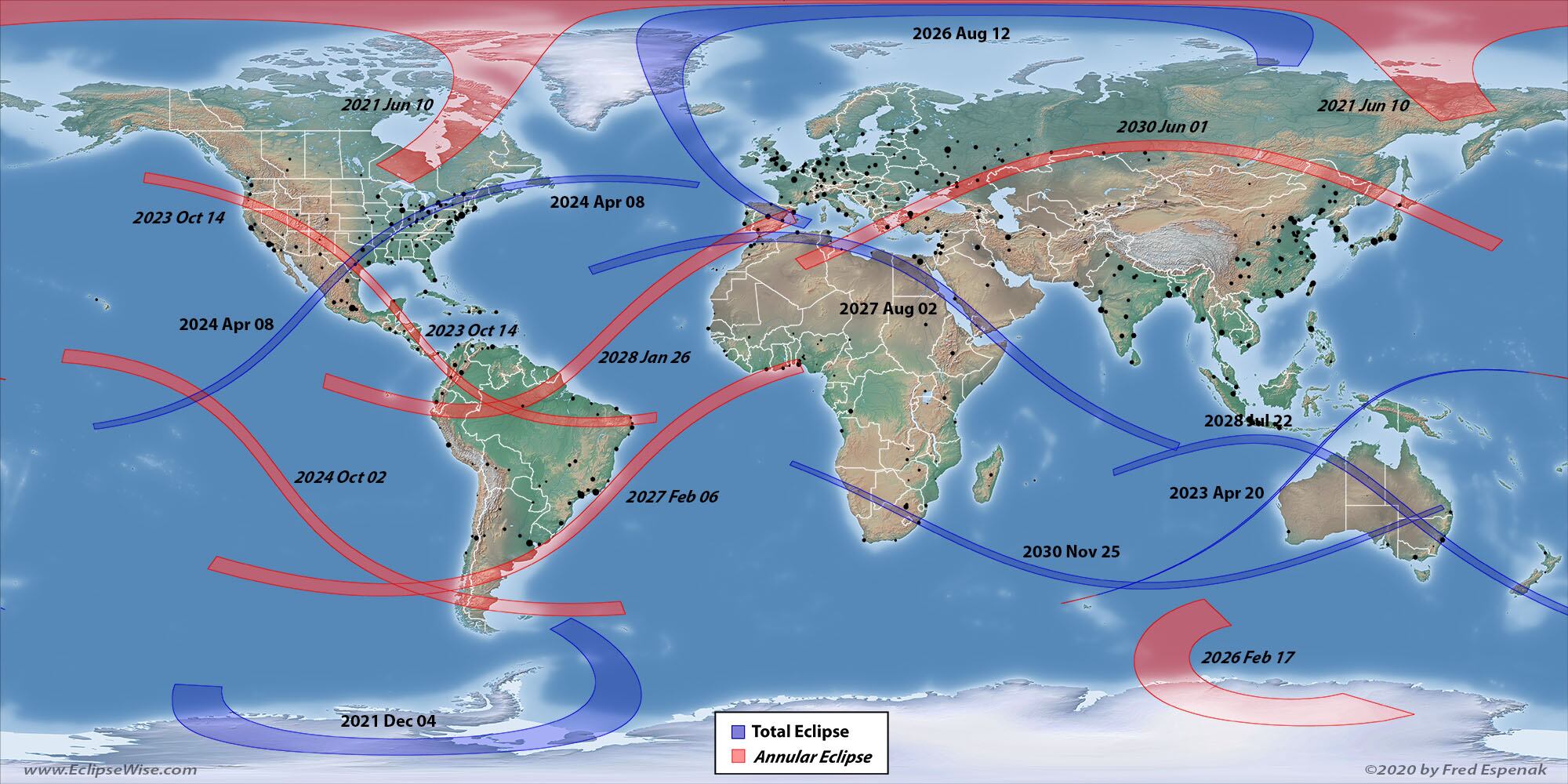 Mapa elaborado por el astrofísico estadounidense Fred Espenak donde se ven las trayectorias de eclipses totales y anulas entre 2021 y 2030. Fotografía: Cortesía Fred Espenak.