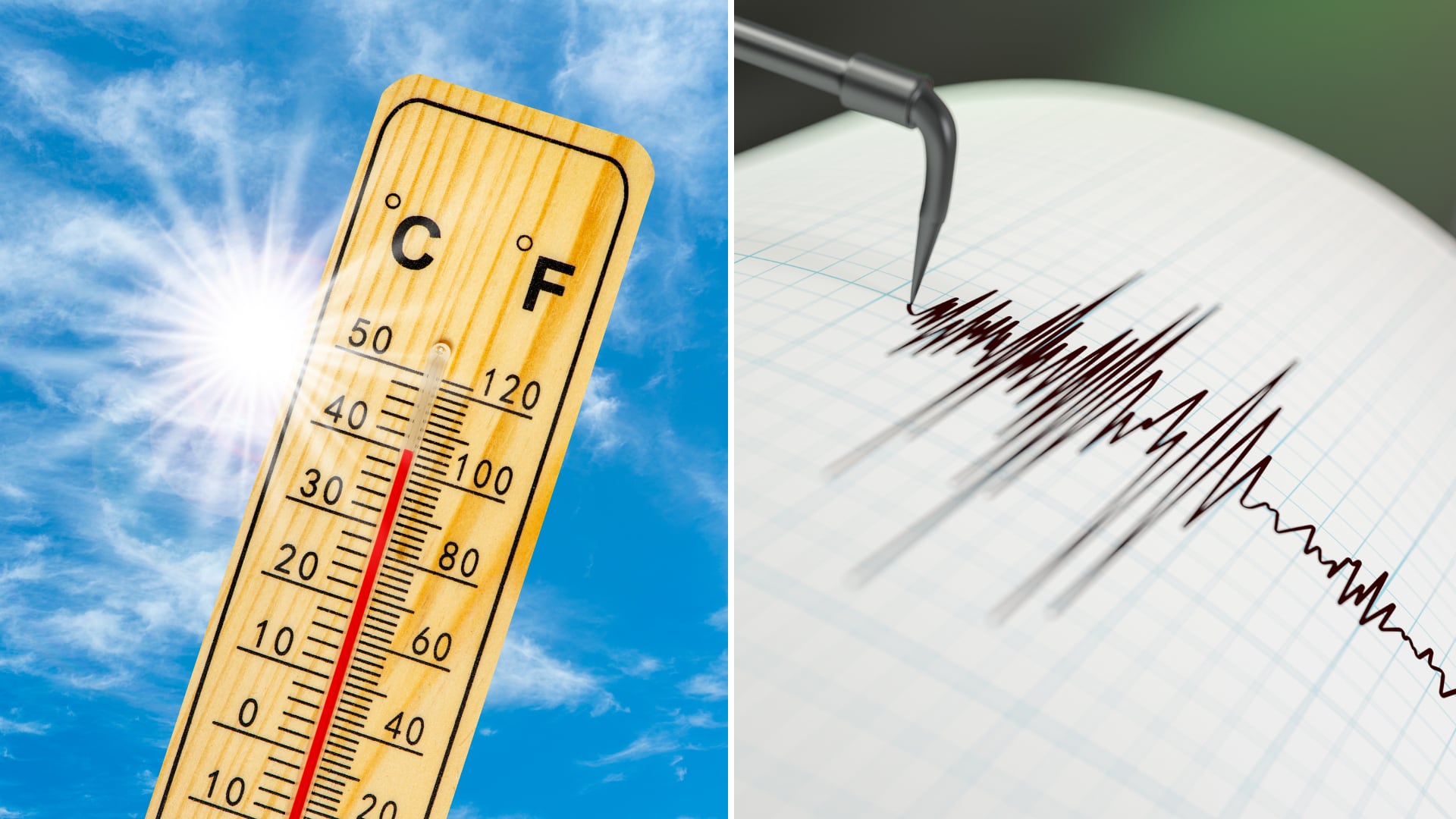 Ilustración de un sismo con un fondo de radiación solar intensa, representando la posible influencia del calor solar en la actividad sísmica, según un estudio científico reciente.