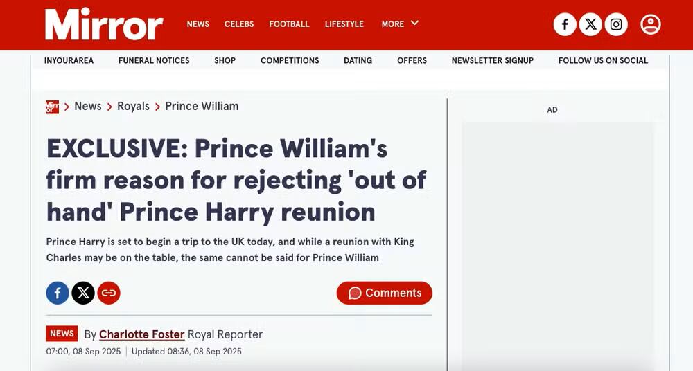 El informe del Daily Mirror sobre la motivación del Príncipe William para ignorar la visita del Príncipe Harry al Reino Unido