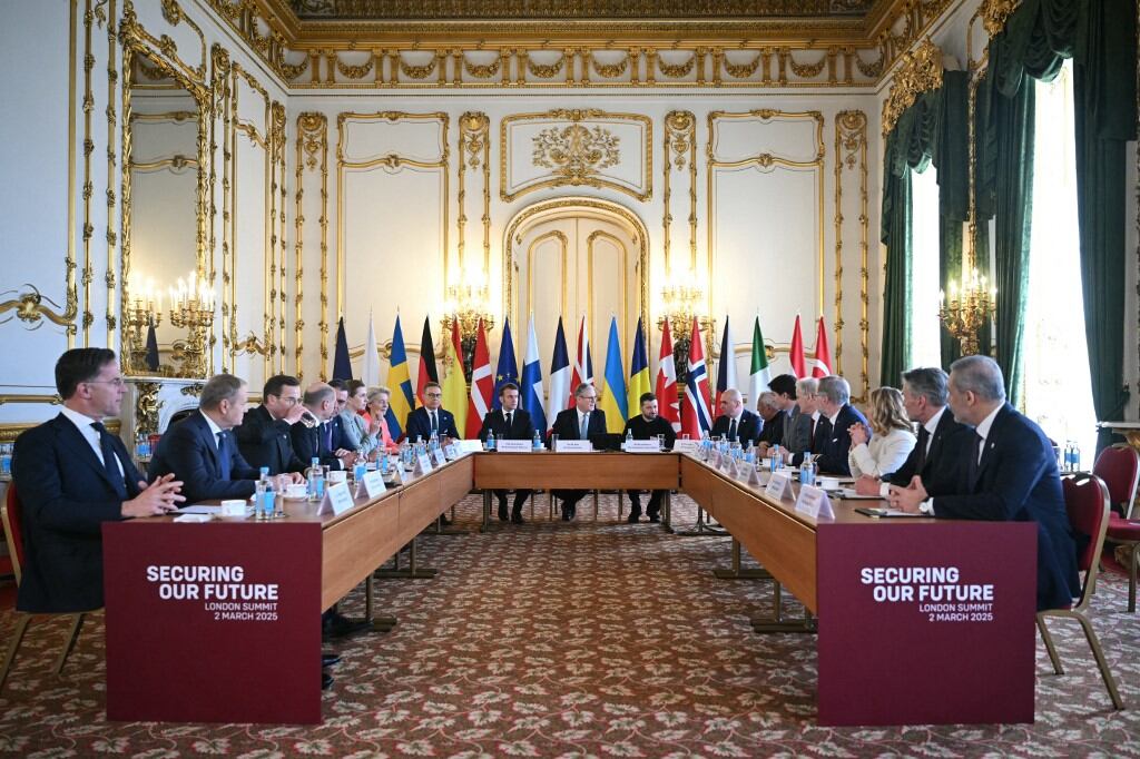 Leaders prepare to hold a plenary meeting at a summit held at Lancaster House in central London on March 2, 2025. European leaders descend upon London today for talks to "drive forward" action on Ukraine, according to the office of UK Prime Minister Keir Starmer. The summit caps off a week of intense diplomacy for host Starmer, who met with President Donald Trump on Thursday in an effort to draw together the European and US approaches to the Ukraine conflict. (Photo by JUSTIN TALLIS / POOL / AFP)