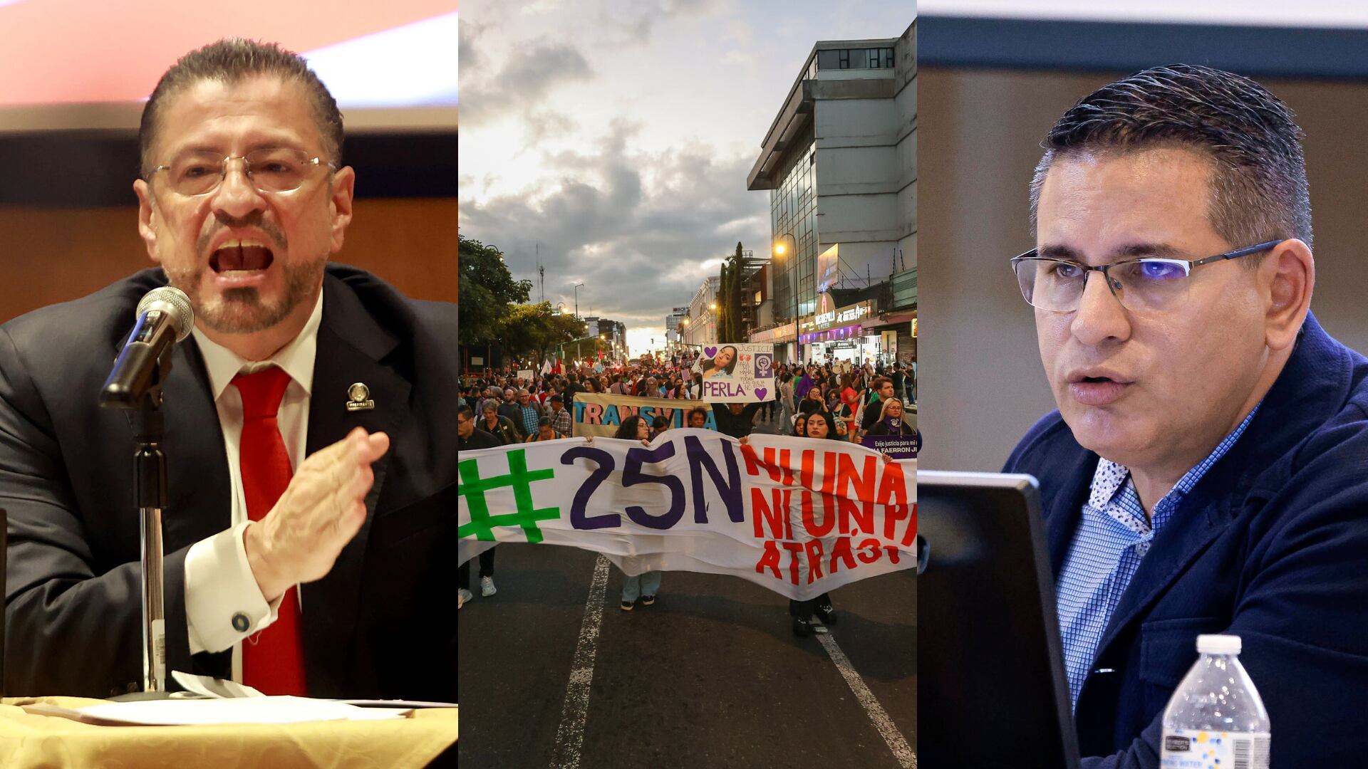 Rodrigo Chaves, marcha del 25 de noviembre 2025 contra la eliminación de la violencia a las mujeres, y Fabricio Alvarado