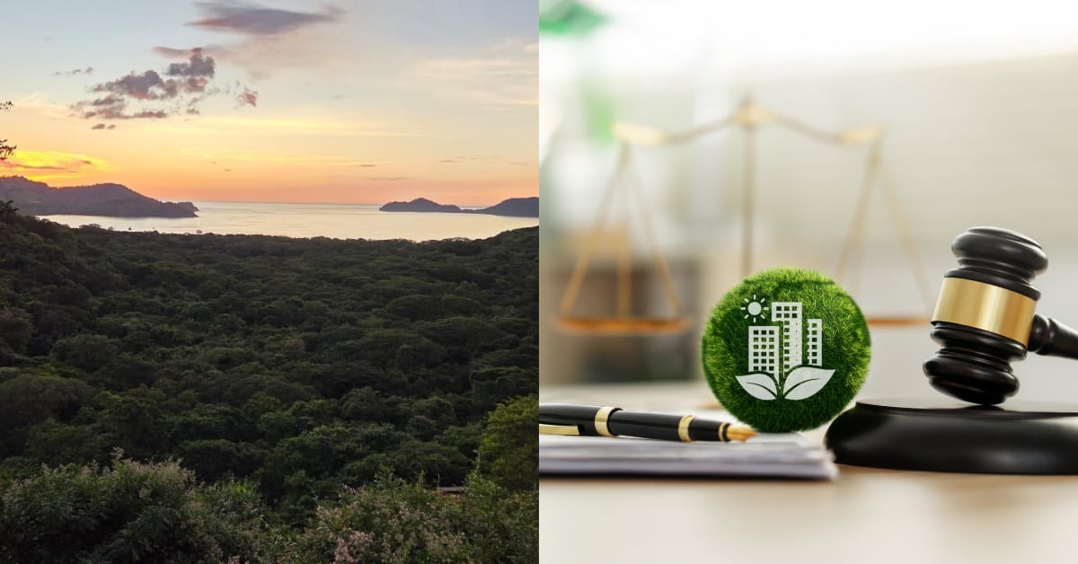 Paisaje del Golfo de Papagayo en Guanacaste junto a imagen conceptual de justicia ambiental, relacionada con acciones de inconstitucionalidad que afectan proyectos turísticos e inversiones en Costa Rica.