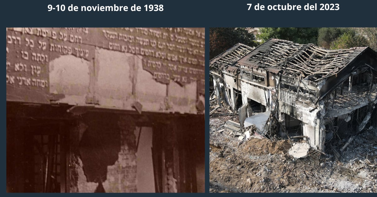 Comparación de la Noche de los Cristales Rotos (1938) y el ataque de Hamás en Israel (2023), con destrucción de propiedades judías.