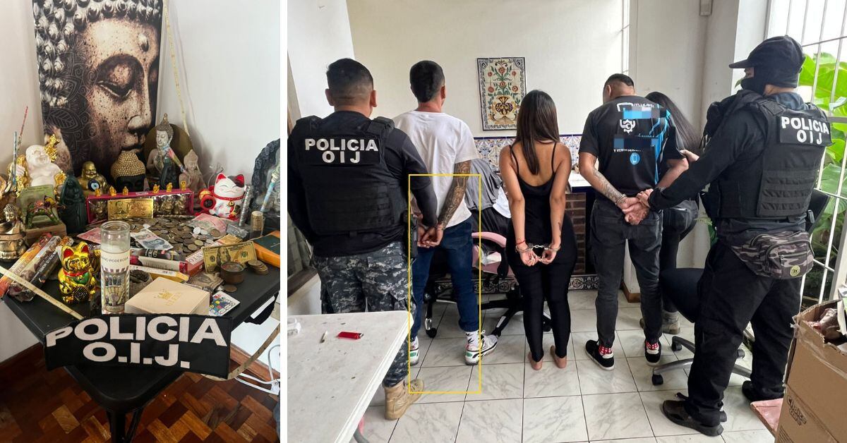 Parte de los detenidos este miércoles por posibles estafas bancarias. En La Sabana tenían un altar con imágenes de budas, monedas, billetes y velas.