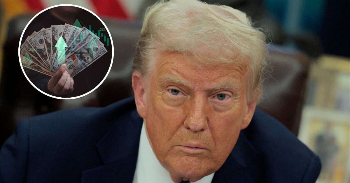 Donald Trump en el Despacho Oval con gesto serio, acompañado de un gráfico con billetes de dólar, ilustrando el impacto económico de sus nuevos aranceles a la Unión Europea, México, Canadá y China.