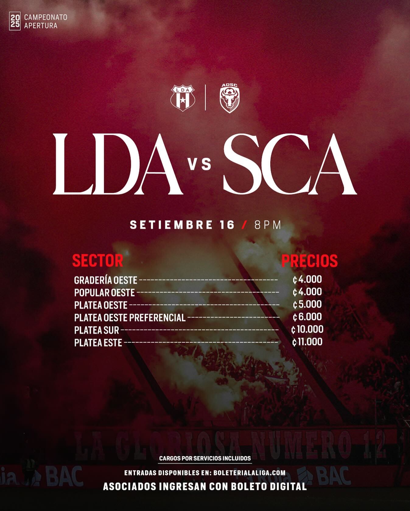 Este es el precio de las entradas para el partido entre Liga Deportiva Alajuelense y San Carlos.