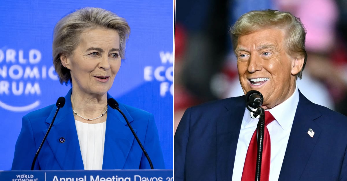 Ursula von der Leyen, presidenta de la Comisión Europea, en un discurso en el Foro Económico Mundial, y Donald Trump, expresidente de EE.UU., en un mitin político. Ambos líderes han sido protagonistas en la reciente disputa comercial entre la UE y EE.UU.