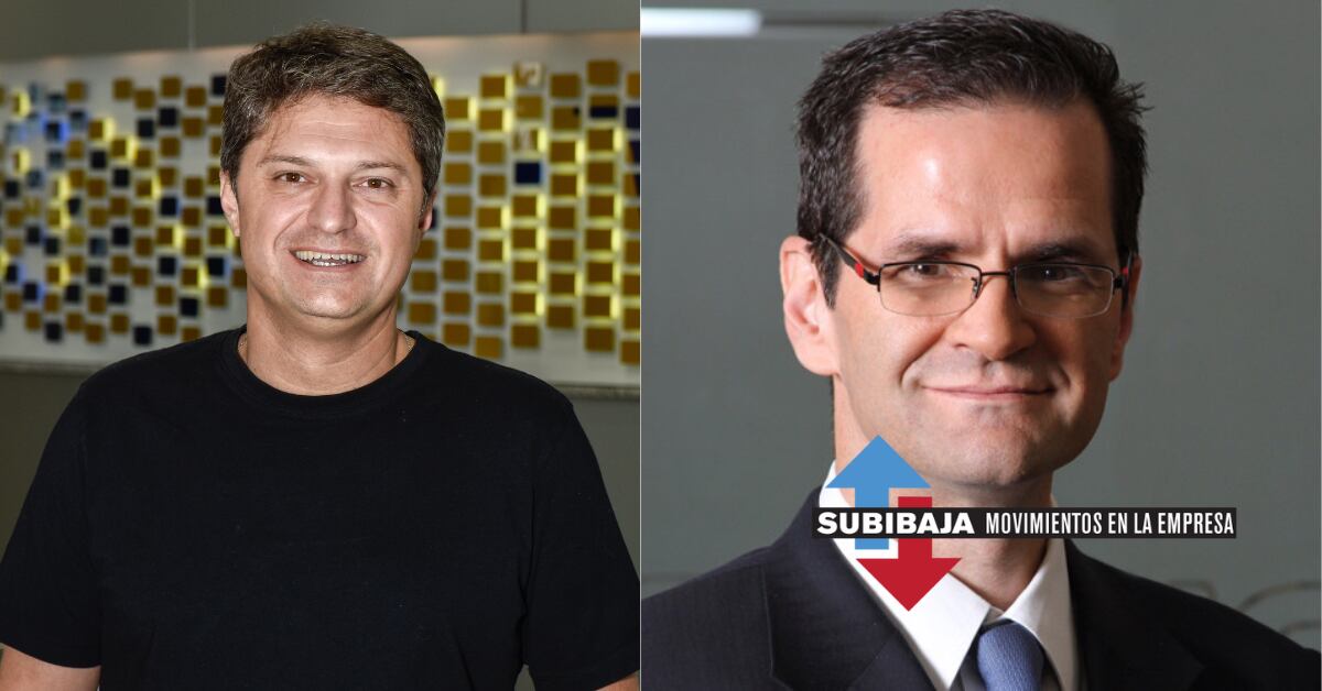 Fotocomposición de dos hombres, uno con camiseta negra y otro con traje oscuro, camisa blanca y corbata azul.