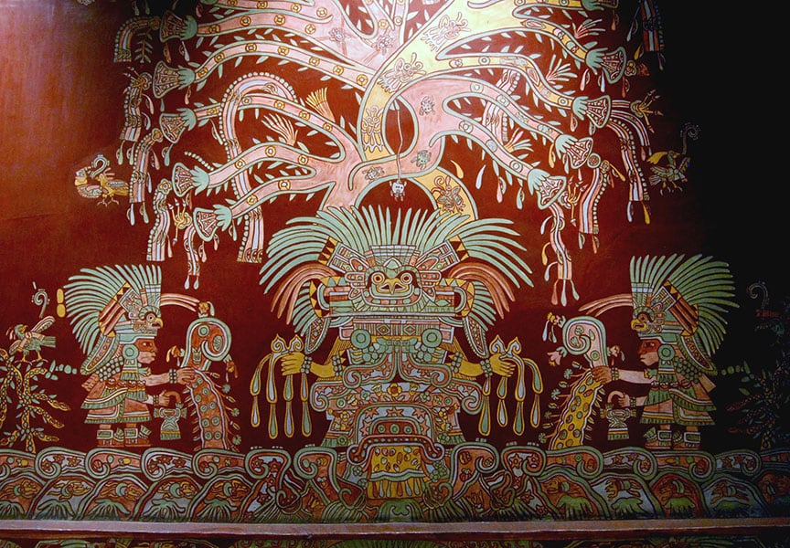 Reproducción de un mural del complejo de Tepantitla en Teotihuacán, México,