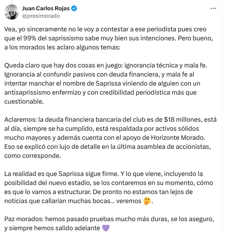 Juan Carlos Rojas hablo de la deuda de Saprissa