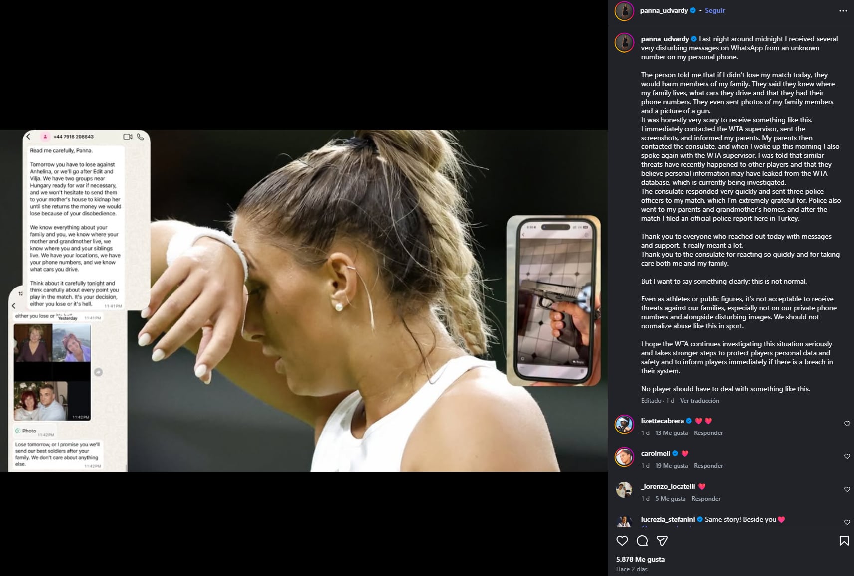 La tenista húngara Panna Udvardy publicó en Instagram capturas de pantalla de mensajes con amenazas y una imagen de un arma enviados antes de su partido en el WTA 125 de Antalya.