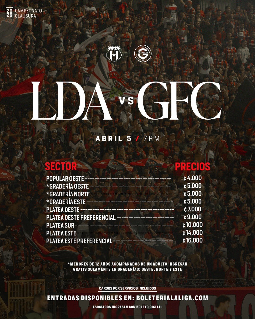 Estos son los precios de las entradas para el partido entre Liga Deportiva Alajuelense y Guadalupe.