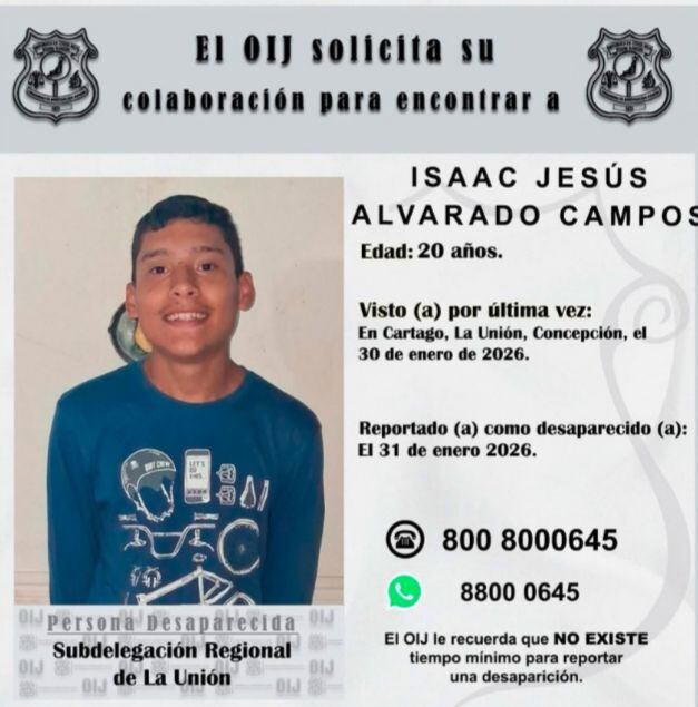 El joven Isaac Alvarado Campos fue visto por última vez el 30 de enero.